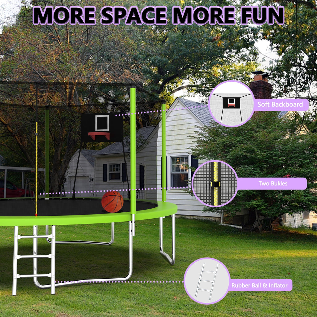 14FT Outdoor Trampoline with Safety Enclosure Net, Basketball Hoop and Ladder for Backyard Fun
