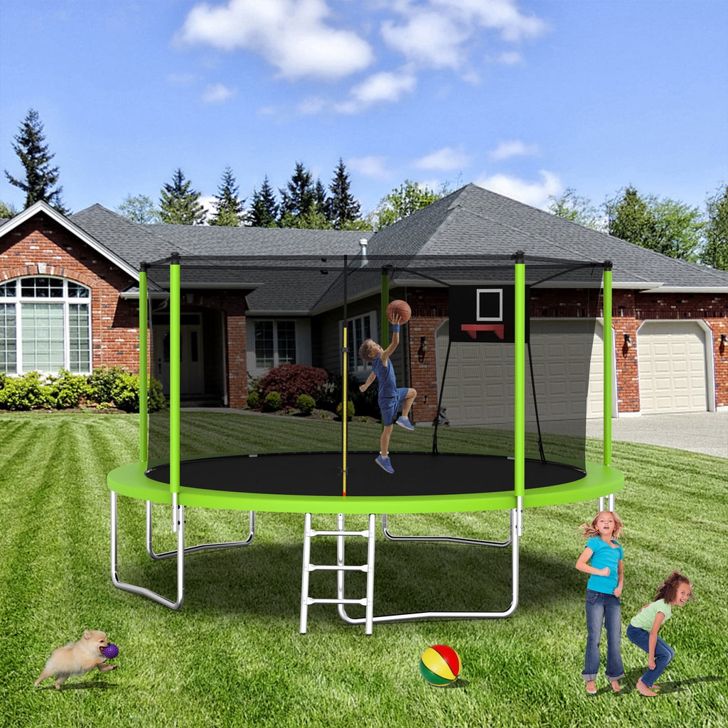14FT Outdoor Trampoline with Safety Enclosure Net, Basketball Hoop and Ladder for Backyard Fun