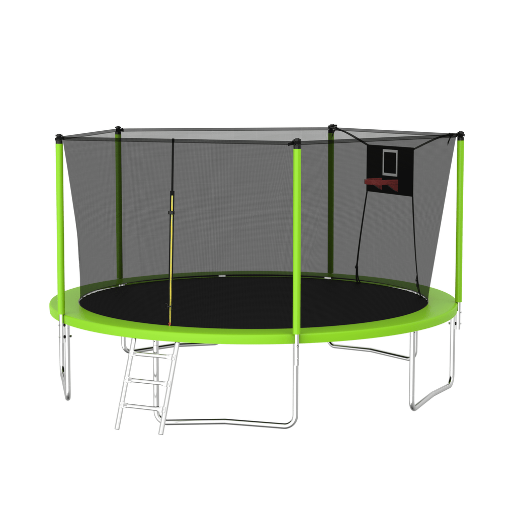 14FT Outdoor Trampoline with Safety Enclosure Net, Basketball Hoop and Ladder for Backyard Fun