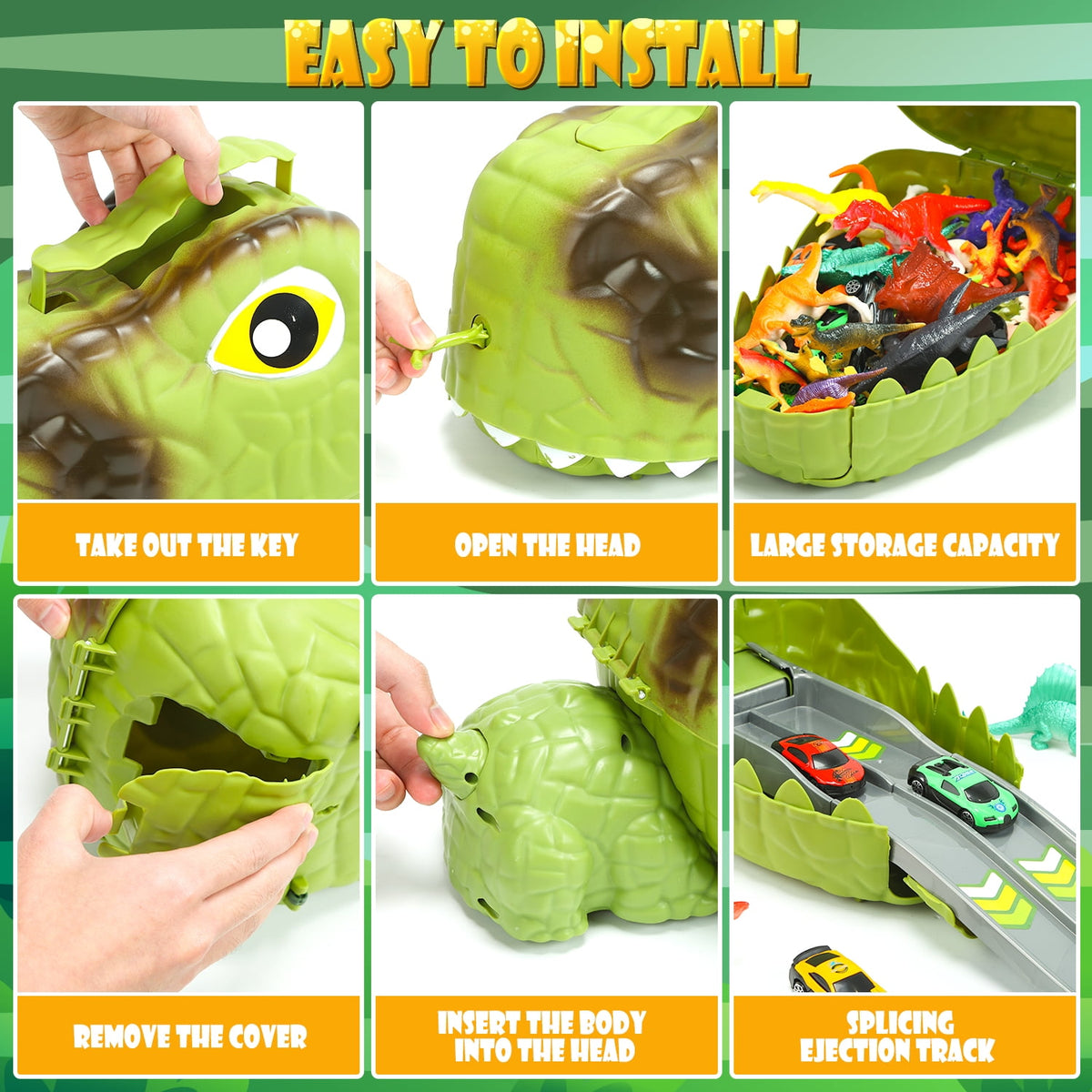 77-Piece Dinosaur Carrier Truck & Race Track Playset with Figures, Trees & Fences for Kids, Light Green