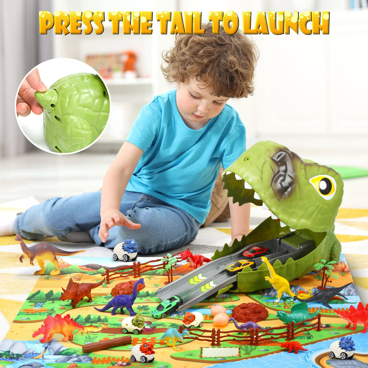 77-Piece Dinosaur Carrier Truck & Race Track Playset with Figures, Trees & Fences for Kids, Light Green