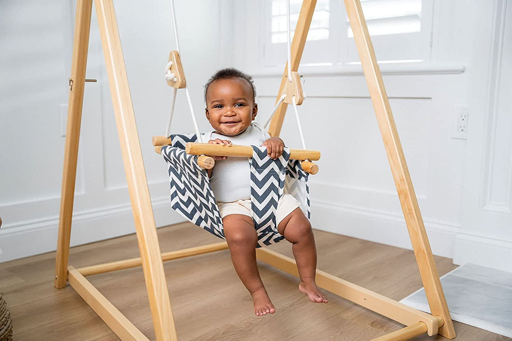 Foldable Wooden Baby Swing with Stand for Toddlers 6-36 Months, Indoor Freestanding Playset - Blue Wave