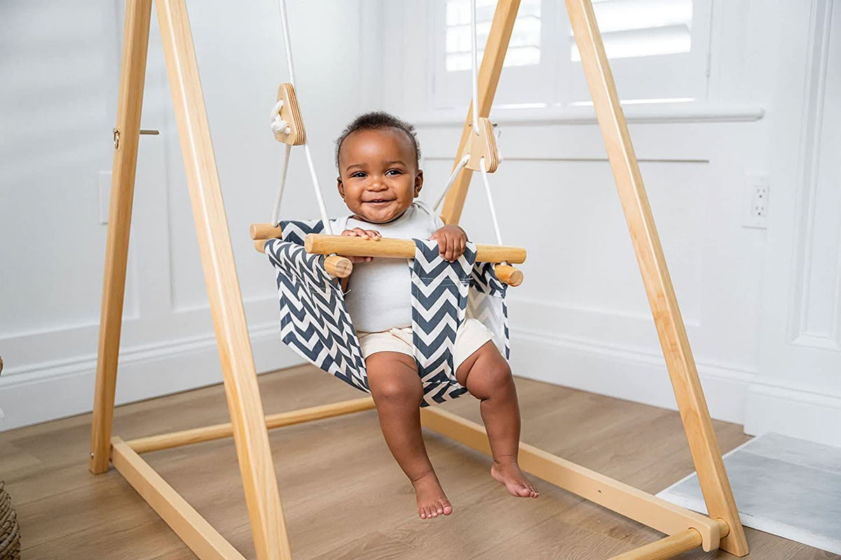 Foldable Wooden Baby Swing with Stand for Toddlers 6-36 Months, Indoor Freestanding Playset - Blue Wave