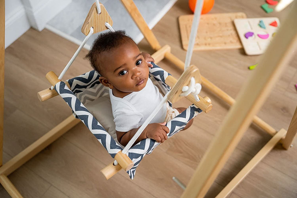 Foldable Wooden Baby Swing with Stand for Toddlers 6-36 Months, Indoor Freestanding Playset - Blue Wave