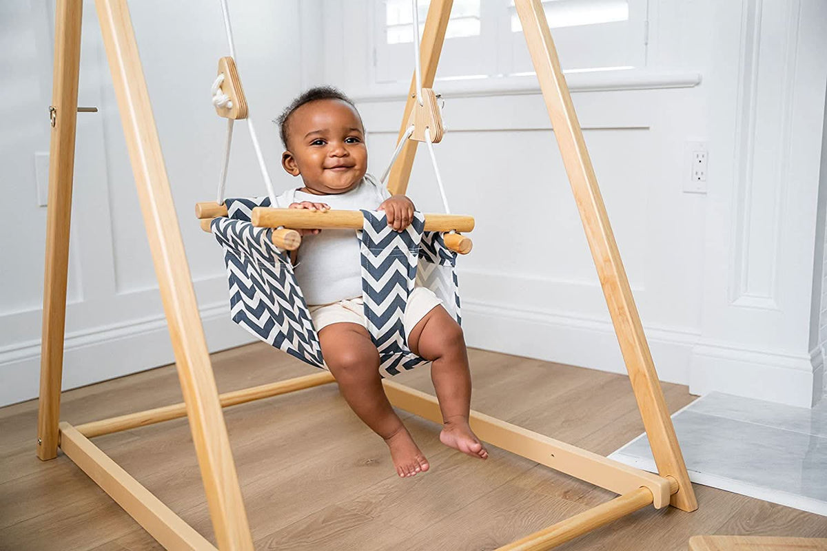 Foldable Wooden Baby Swing with Stand for Toddlers 6-36 Months, Indoor Freestanding Playset - Blue Wave