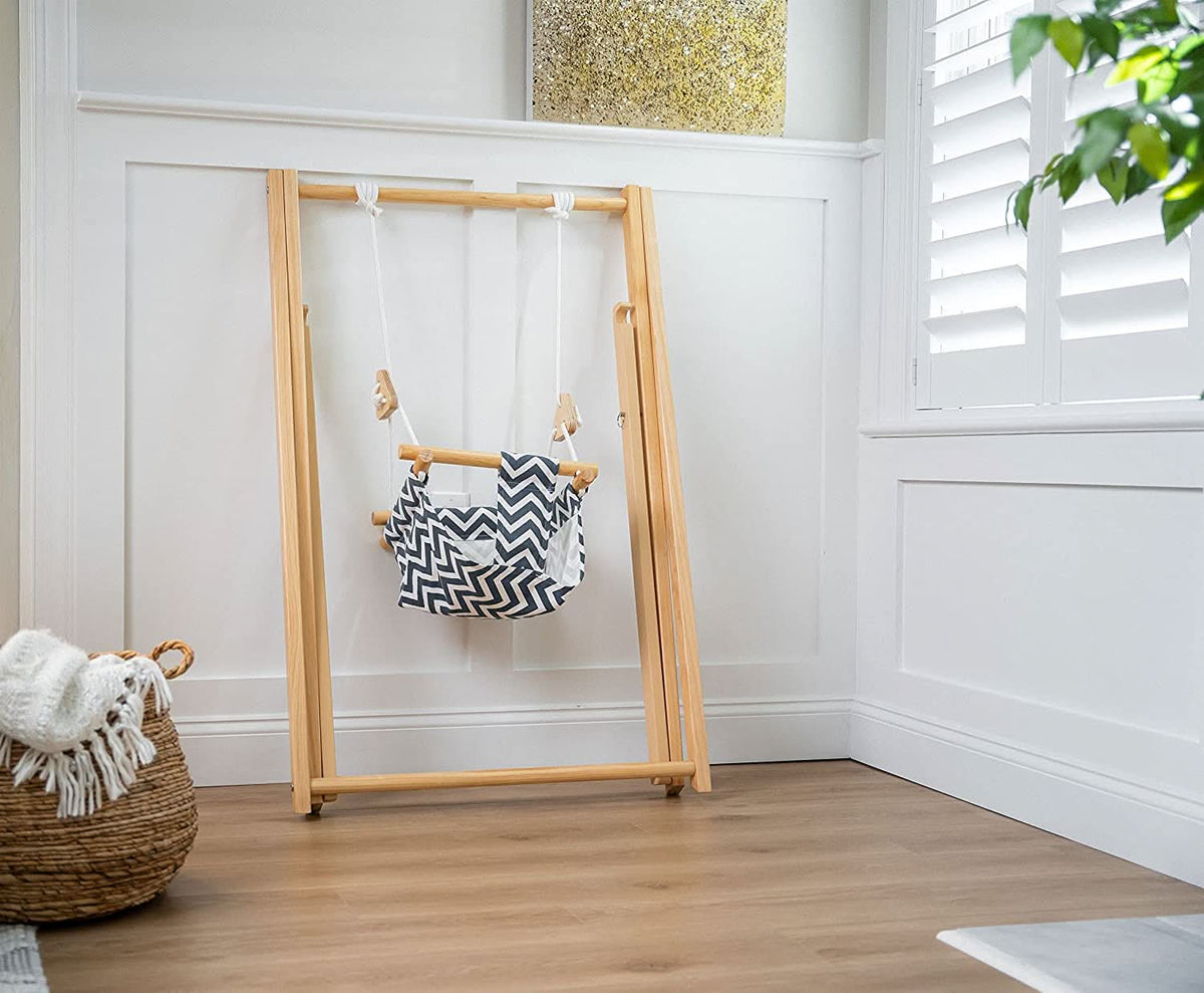 Foldable Wooden Baby Swing with Stand for Toddlers 6-36 Months, Indoor Freestanding Playset - Blue Wave