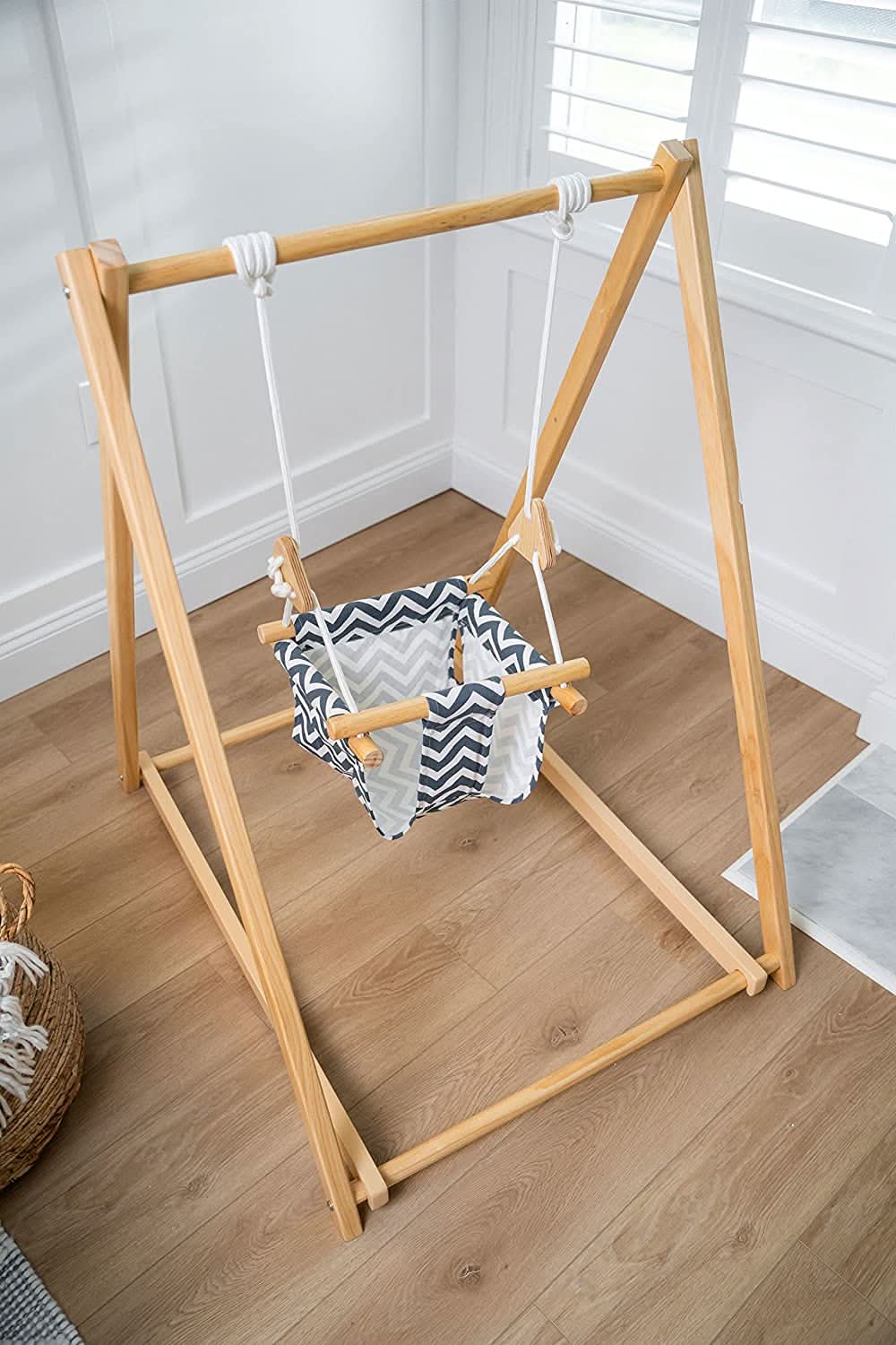 Foldable Wooden Baby Swing with Stand for Toddlers 6-36 Months, Indoor Freestanding Playset - Blue Wave