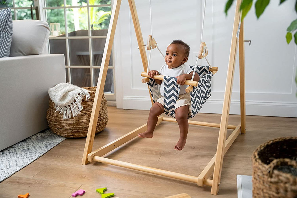 Foldable Wooden Baby Swing with Stand for Toddlers 6-36 Months, Indoor Freestanding Playset - Blue Wave