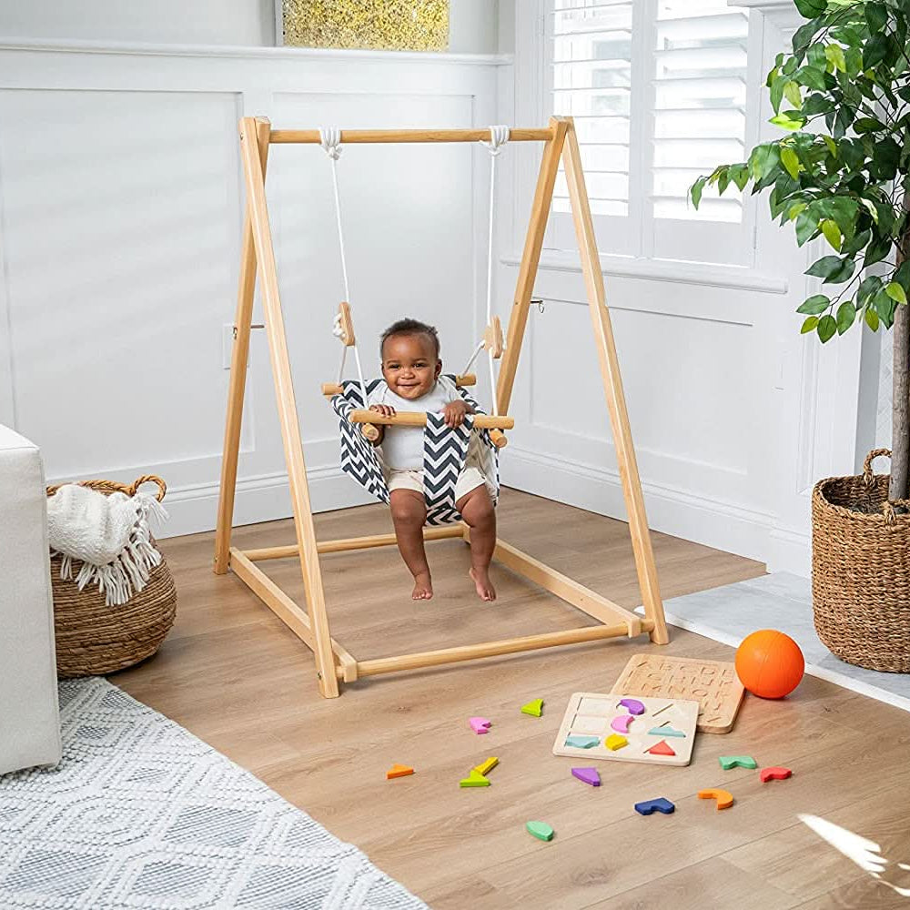 Foldable Wooden Baby Swing with Stand for Toddlers 6-36 Months, Indoor Freestanding Playset - Blue Wave