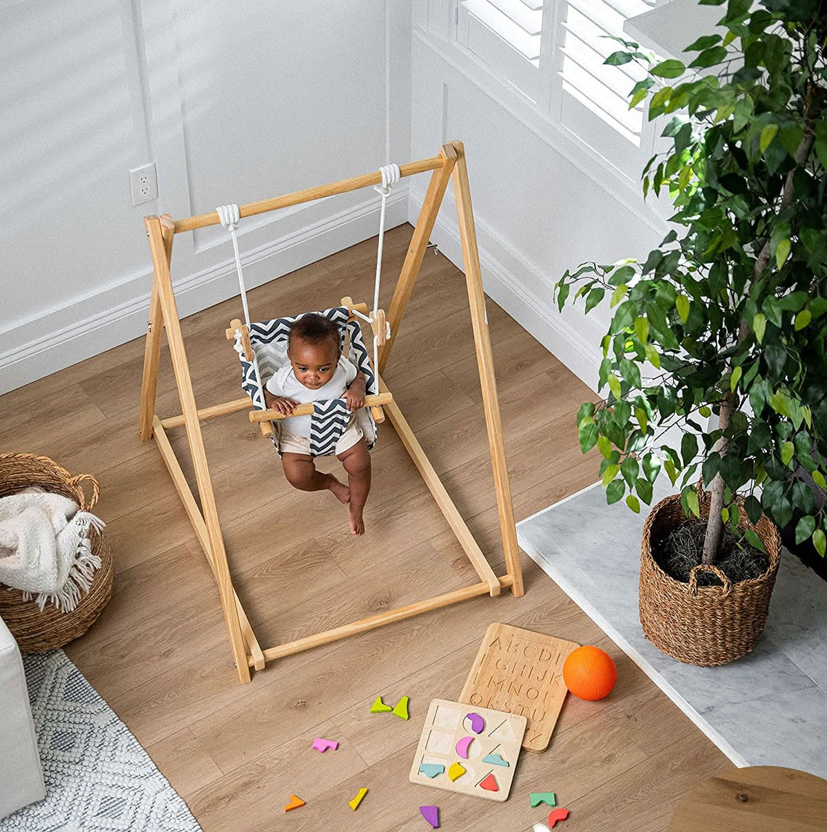 Foldable Wooden Baby Swing with Stand for Toddlers 6-36 Months, Indoor Freestanding Playset - Blue Wave