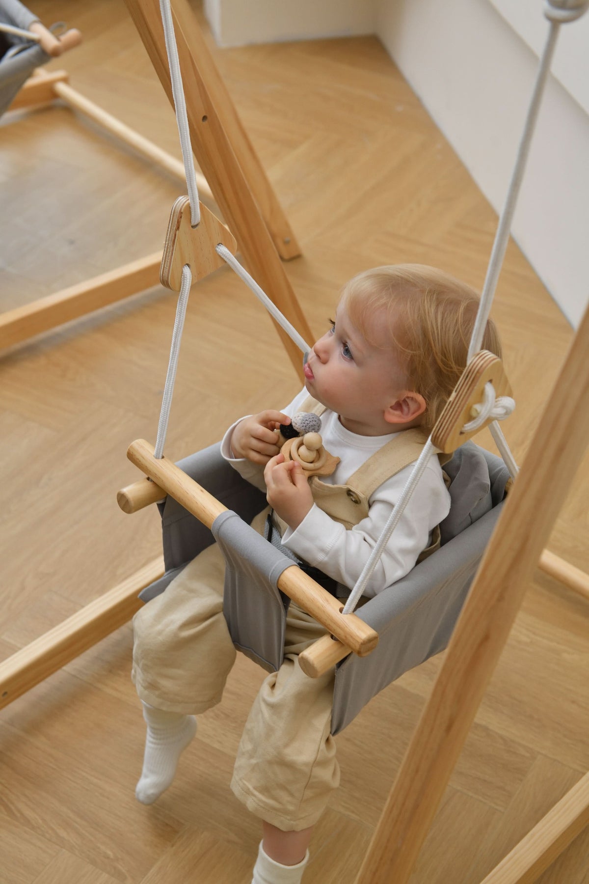 Foldable Wooden Baby Swing with Stand for Toddlers 6-36 Months, Indoor Freestanding Playset - Blue Wave