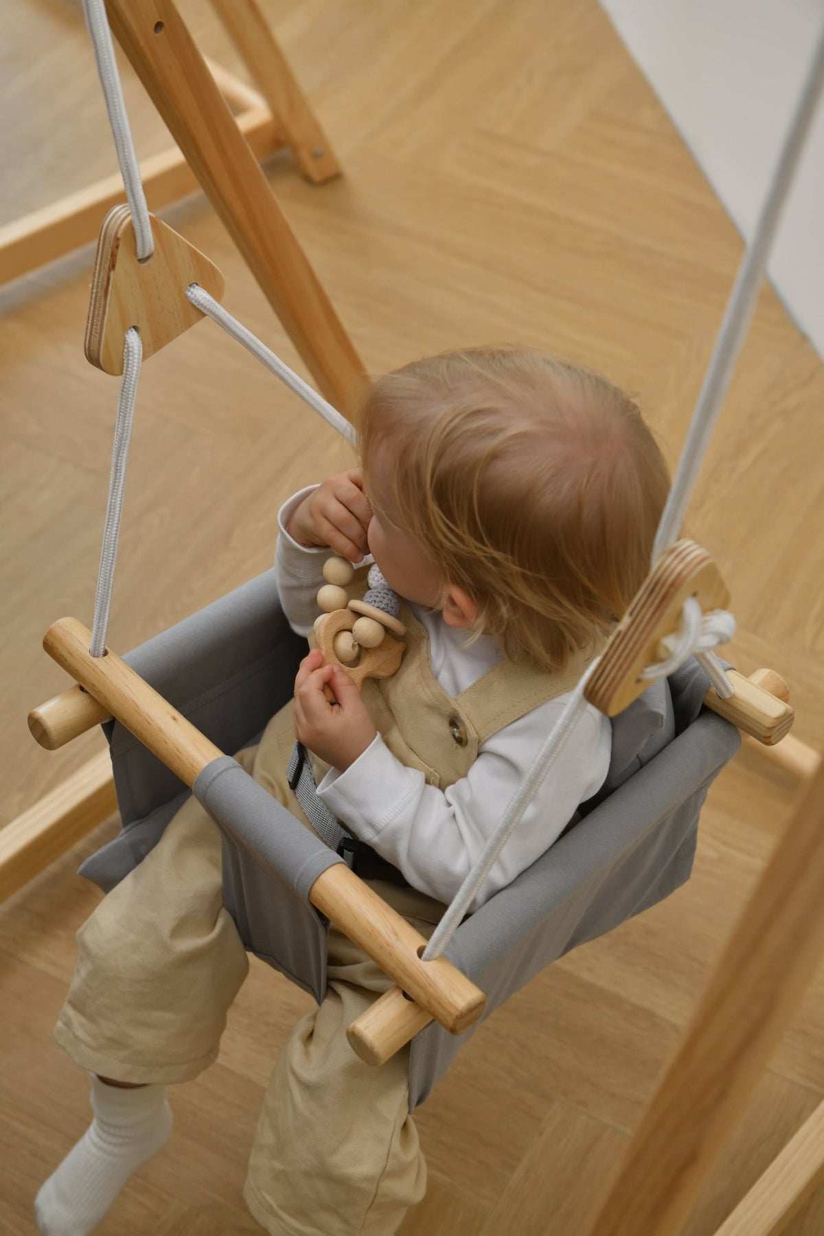 Foldable Wooden Baby Swing with Stand for Toddlers 6-36 Months, Indoor Freestanding Playset - Blue Wave
