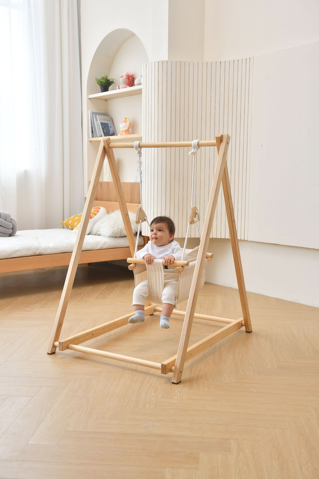 Foldable Wooden Baby Swing with Stand for Toddlers 6-36 Months, Indoor Freestanding Playset - Blue Wave