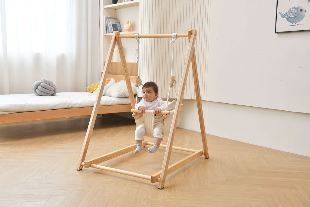 Foldable Wooden Baby Swing with Stand for Toddlers 6-36 Months, Indoor Freestanding Playset - Blue Wave