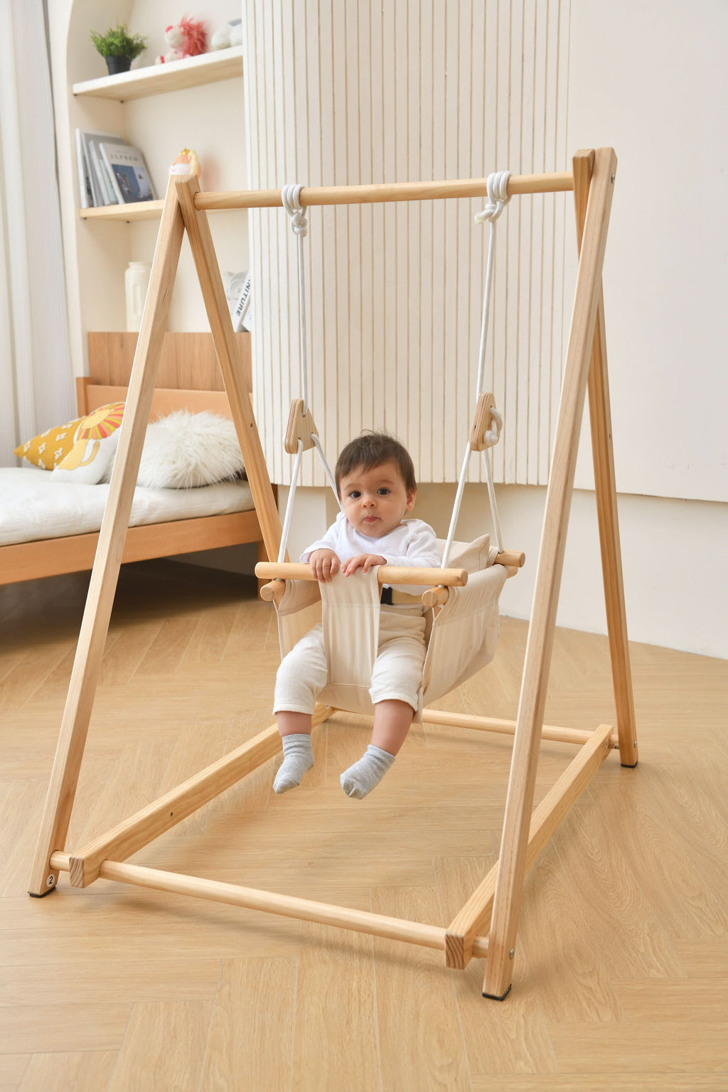 Foldable Wooden Baby Swing with Stand for Toddlers 6-36 Months, Indoor Freestanding Playset - Blue Wave