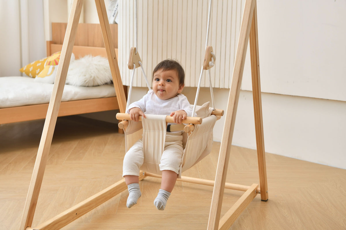 Foldable Wooden Baby Swing with Stand for Toddlers 6-36 Months, Indoor Freestanding Playset - Blue Wave