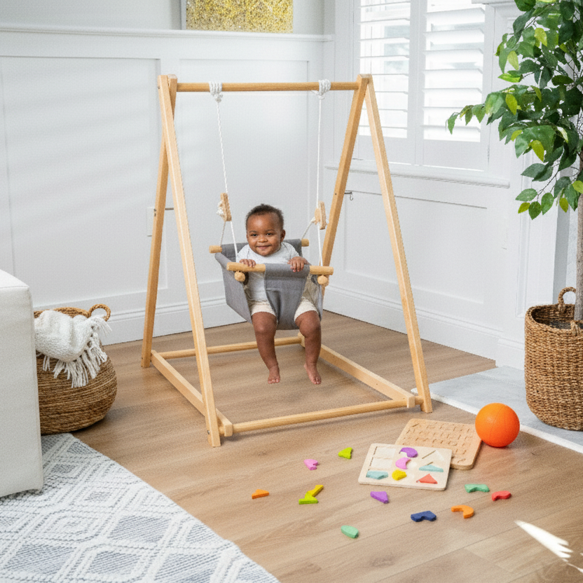 Foldable Wooden Baby Swing with Stand for Toddlers 6-36 Months, Indoor Freestanding Playset - Blue Wave