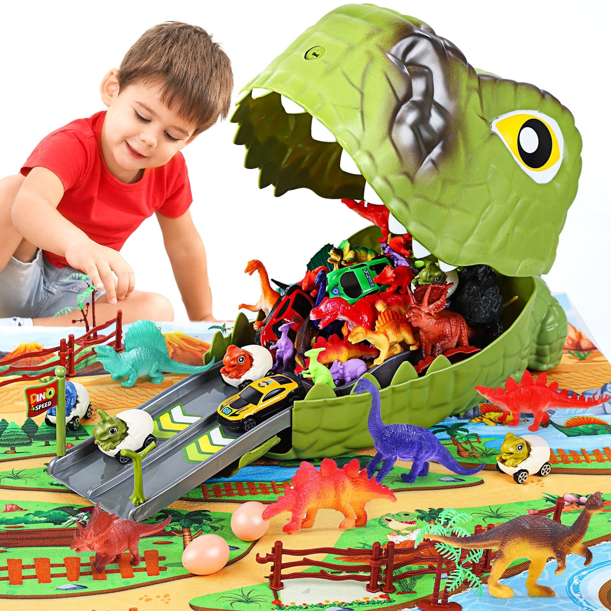 77-Piece Dinosaur Carrier Truck & Race Track Playset with Figures, Trees & Fences for Kids, Light Green