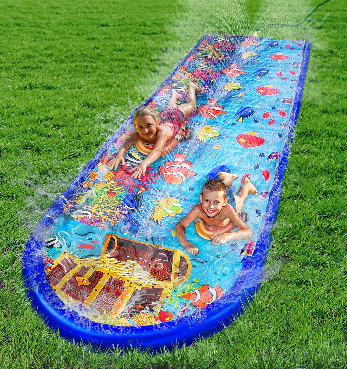 18ft x 5ft Dual Slip and Slide with Splash Pad, Undersea Lawn Water Slide for Kids & Adults
