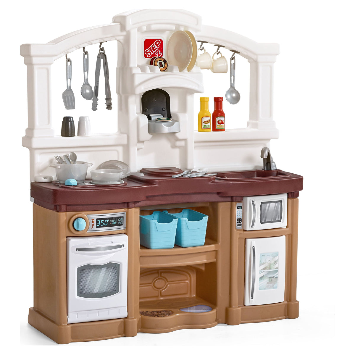 Toddler Plastic Play Kitchen Playset with Accessories for Pretend Play, Tan