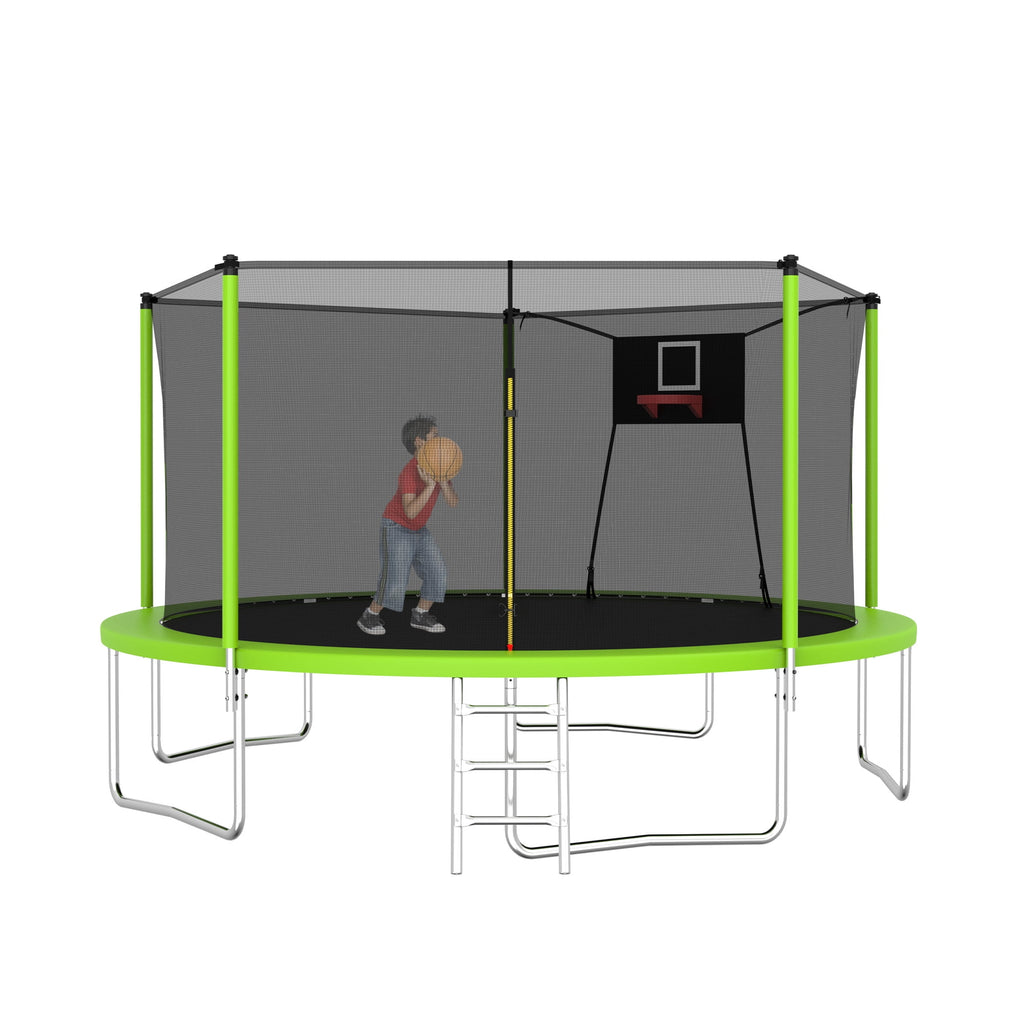 14FT Outdoor Trampoline with Safety Enclosure Net, Basketball Hoop and Ladder for Backyard Fun
