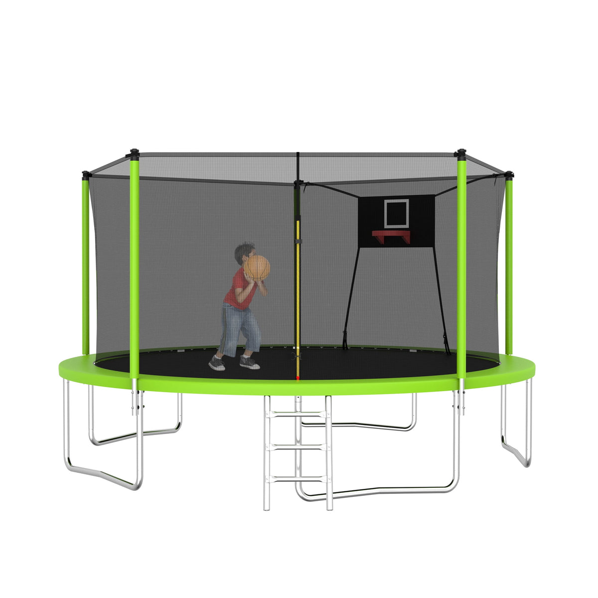 14FT Outdoor Trampoline with Safety Enclosure Net, Basketball Hoop and Ladder for Backyard Fun