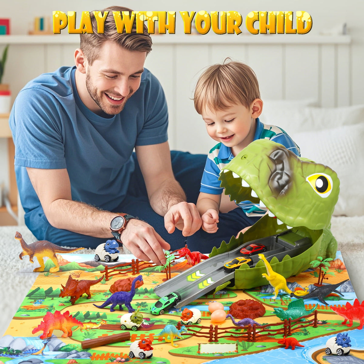 77-Piece Dinosaur Carrier Truck & Race Track Playset with Figures, Trees & Fences for Kids, Light Green