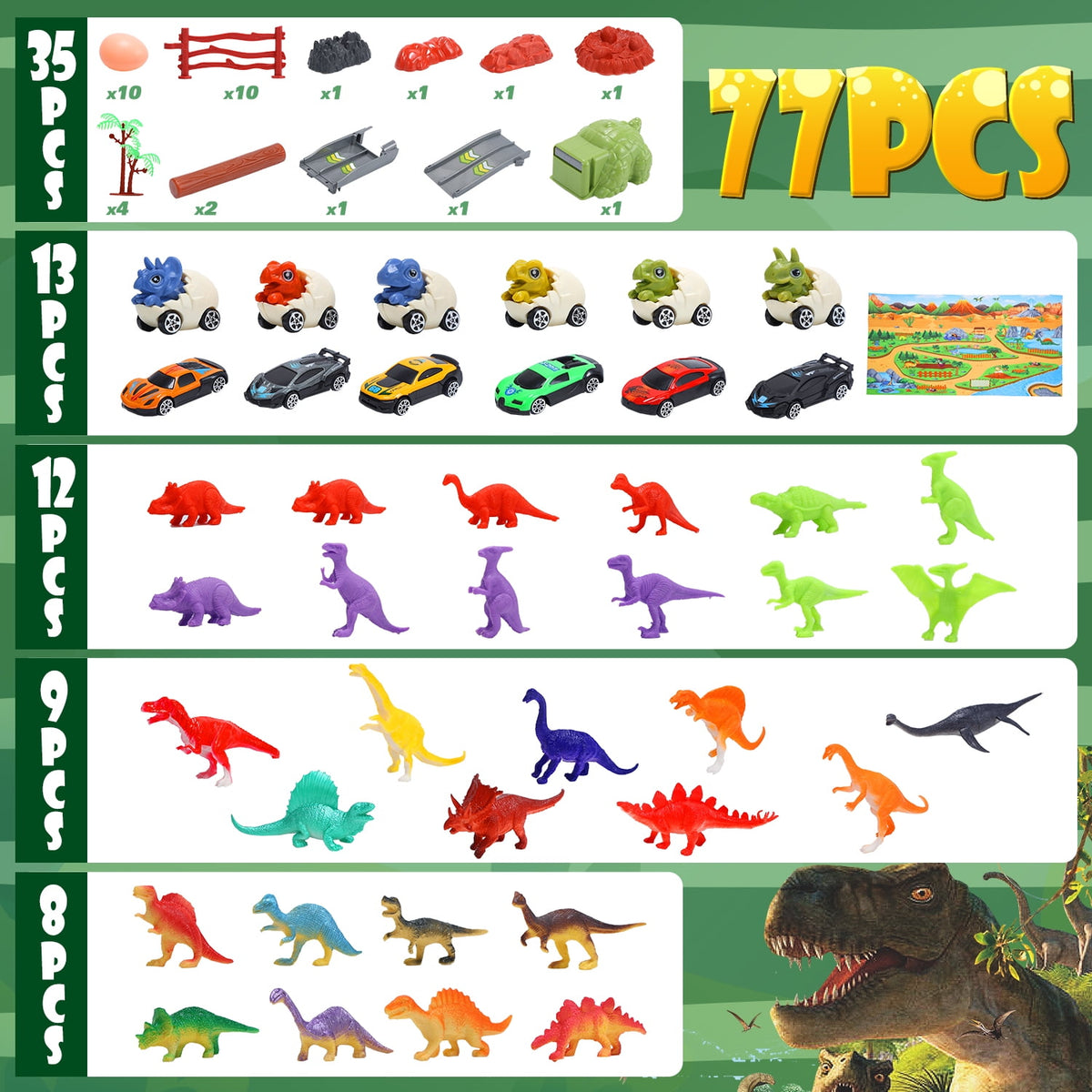 77-Piece Dinosaur Carrier Truck & Race Track Playset with Figures, Trees & Fences for Kids, Light Green