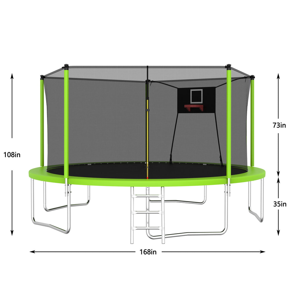 14FT Outdoor Trampoline with Safety Enclosure Net, Basketball Hoop and Ladder for Backyard Fun