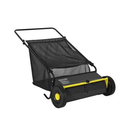 26 Inch Push Lawn Sweeper, 7 Cu.ft Large Capacity Leaf Collector with 4 Spinning Brushes, Adjustable Height Heavy Duty Steel Frame Lawn Sweeper with
