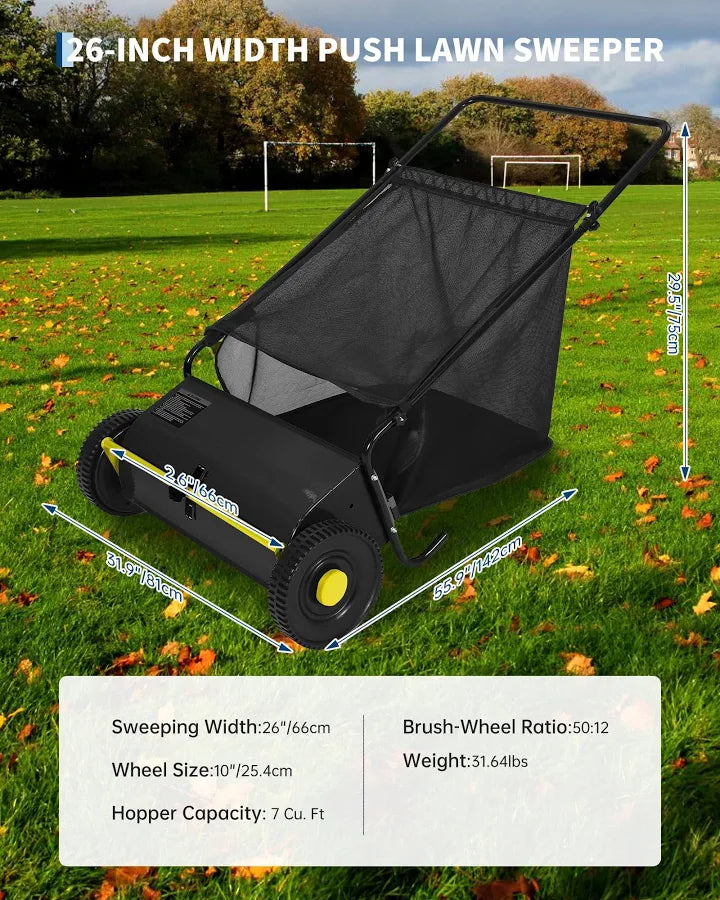 26 Inch Push Lawn Sweeper, 7 Cu.ft Large Capacity Leaf Collector with 4 Spinning Brushes, Adjustable Height Heavy Duty Steel Frame Lawn Sweeper with