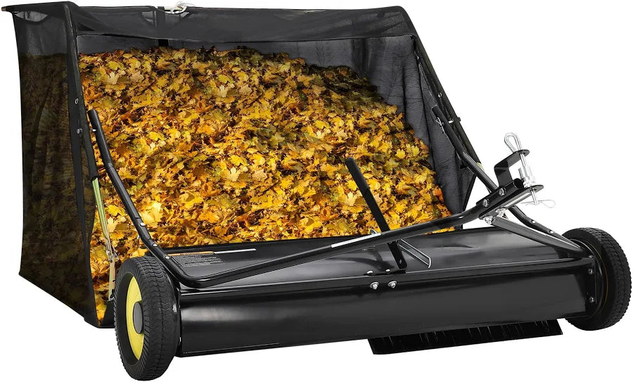 44-inch Outdoor Tow Behind Lawn Sweeper, Large Capacity Leaf & Grass Collector with Adjustable Sweeping Height and Dumping Rope Design for Picking Up