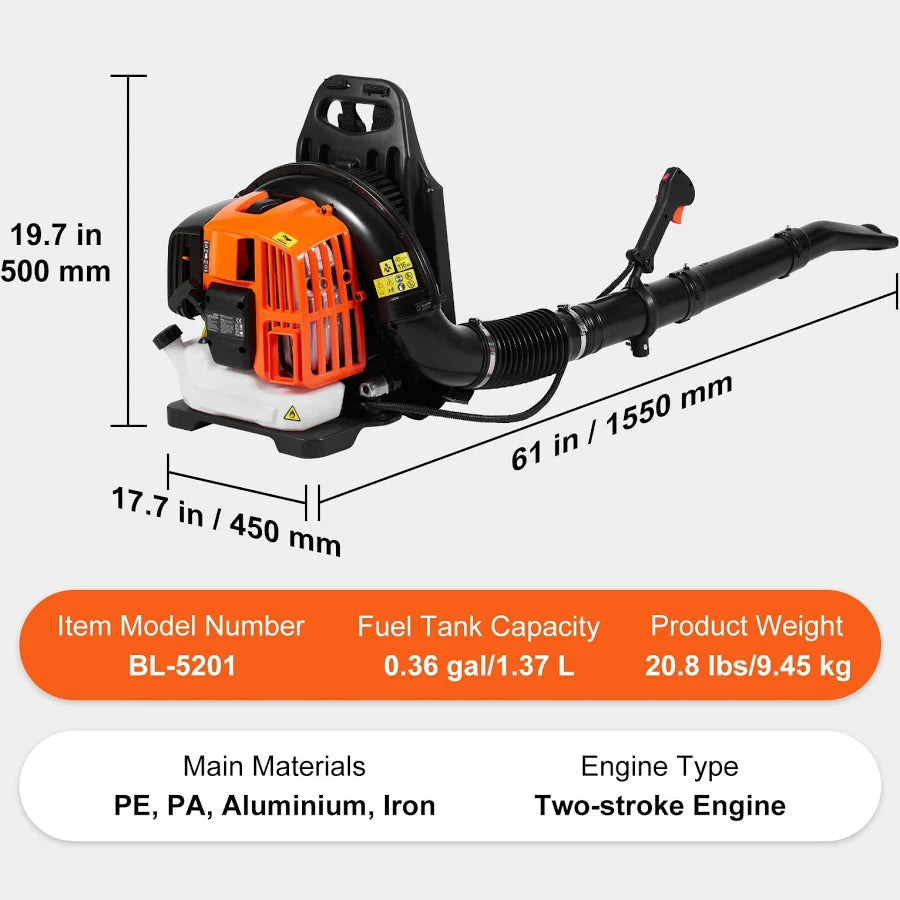 Backpack Leaf Blower 52CC 2-Cycle Gas Leaf Blower with 1.37L Fuel Tank