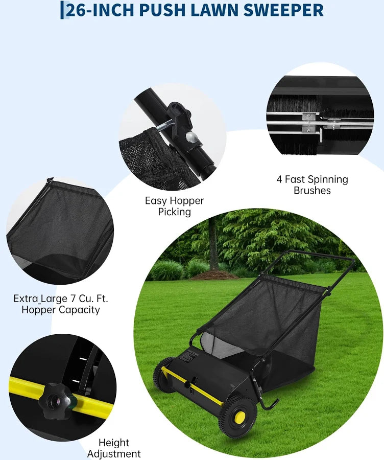 26 Inch Push Lawn Sweeper, 7 Cu.ft Large Capacity Leaf Collector with 4 Spinning Brushes, Adjustable Height Heavy Duty Steel Frame Lawn Sweeper with