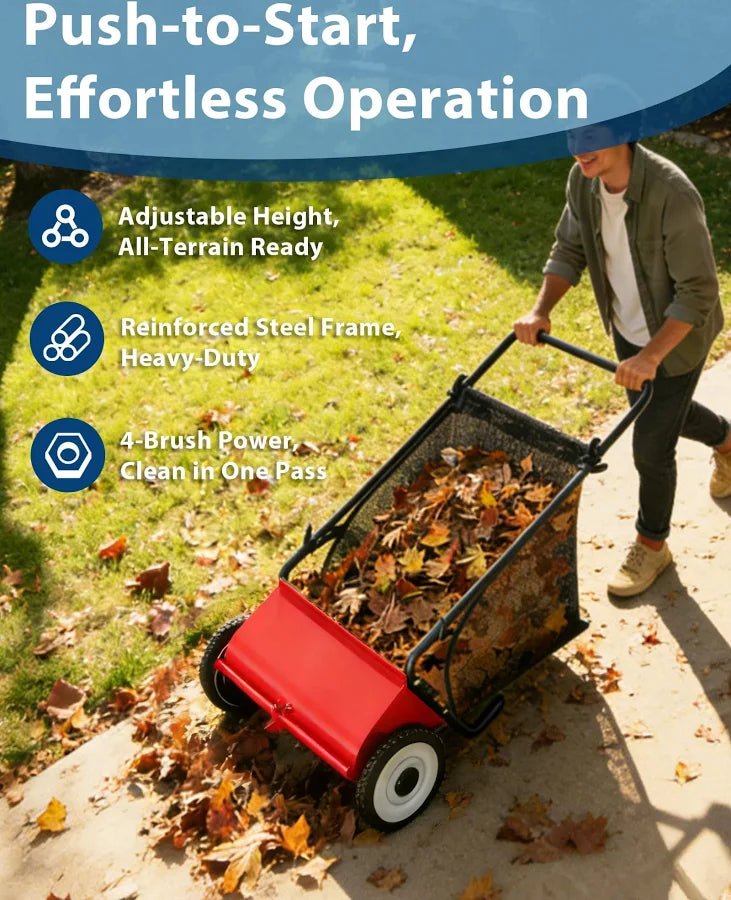 26 Inch Heavy Duty Push Lawn Sweeper 4 Spinning Brushes Steel Frame 7 Cu. Ft. Adjustable Height Collector for Grass Leaves Yard Debris, Size: Large