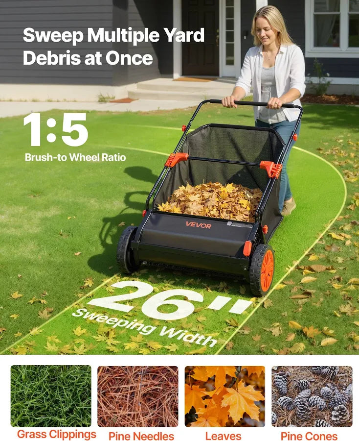 Push Lawn Sweeper 26 in Leaf & Grass Collector with 7 cu. ft. Hopper Bag