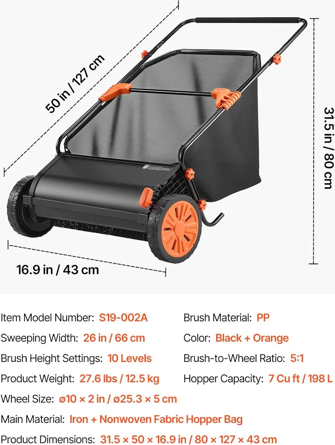 Push Lawn Sweeper 26 in Leaf & Grass Collector with 7 cu. ft. Hopper Bag