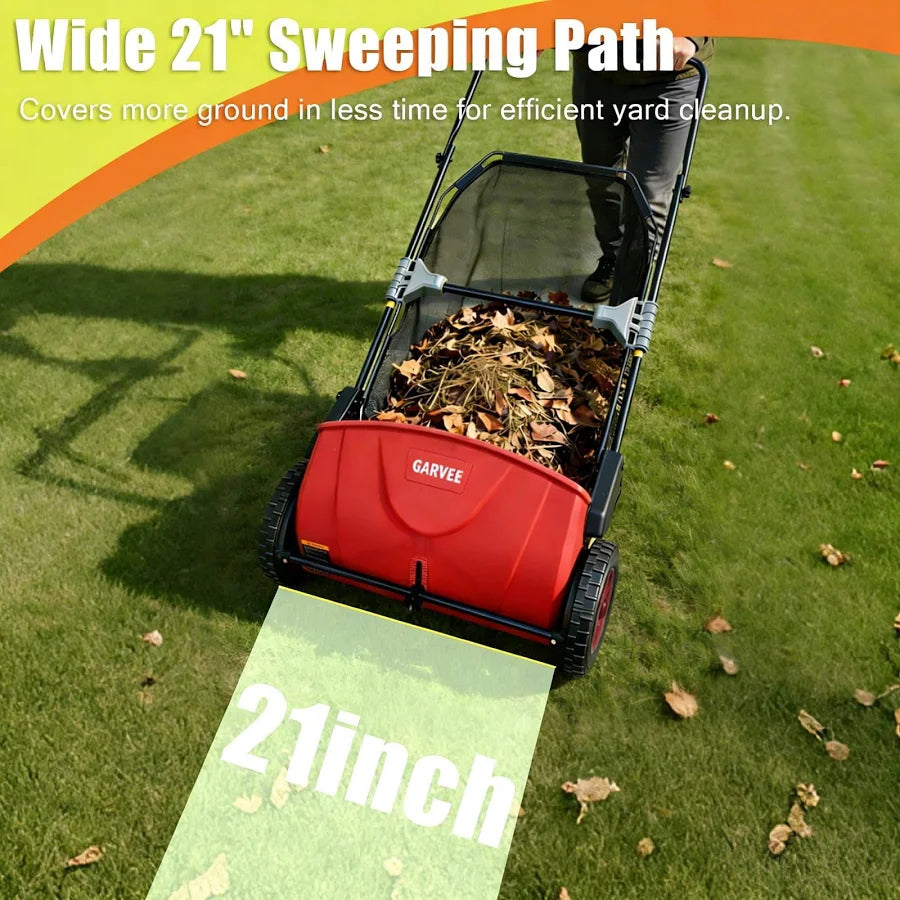 Push Lawn Sweeper, 21inch Leaf & Grass Collector, Heavy Duty Thickened Steel Durable Manual Leaf Sweeper to Use with Large Capacity 3.5 Cu. ft. Mesh
