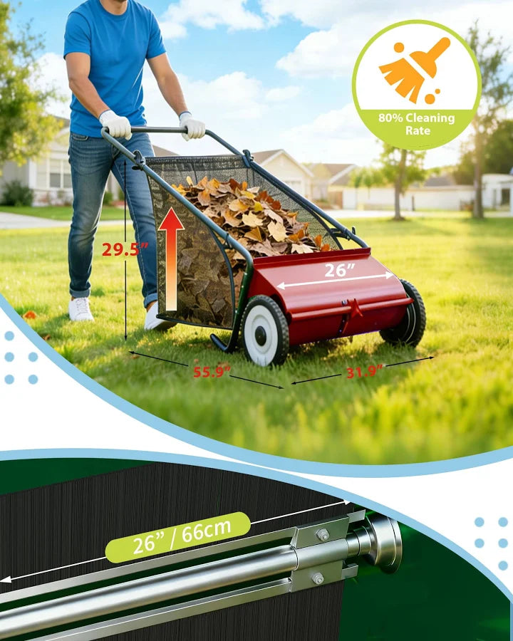 26 Inch Heavy Duty Push Lawn Sweeper 4 Spinning Brushes Steel Frame 7 Cu. Ft. Adjustable Height Collector for Grass Leaves Yard Debris, Size: Large