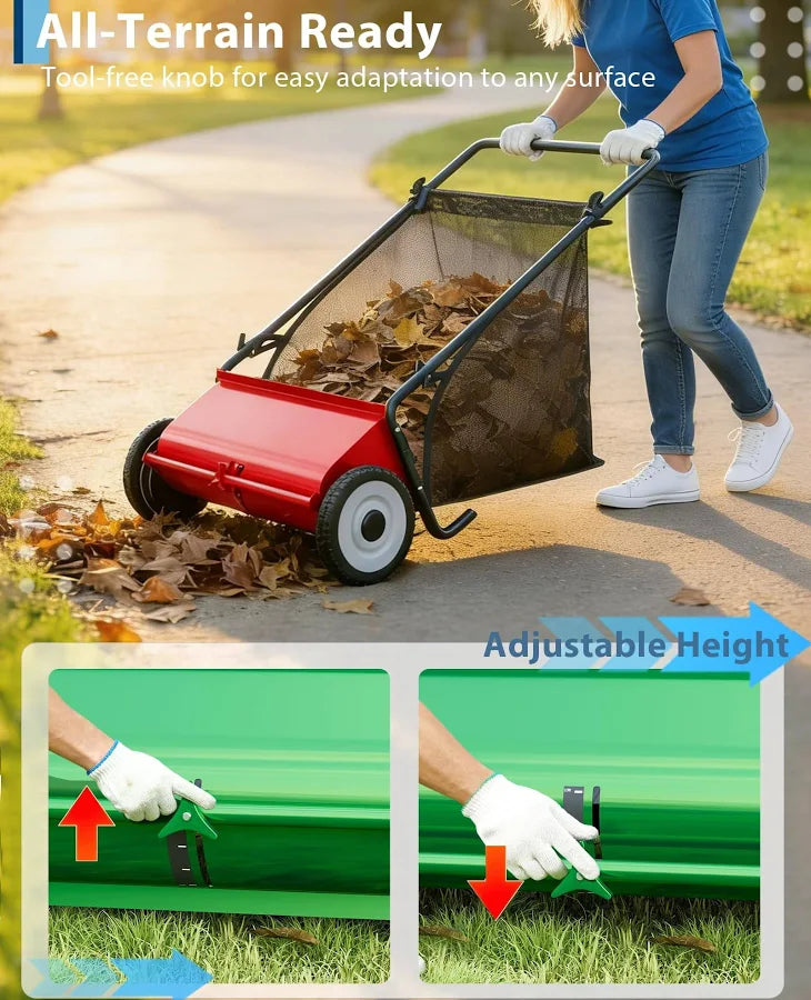 26 Inch Heavy Duty Push Lawn Sweeper 4 Spinning Brushes Steel Frame 7 Cu. Ft. Adjustable Height Collector for Grass Leaves Yard Debris, Size: Large