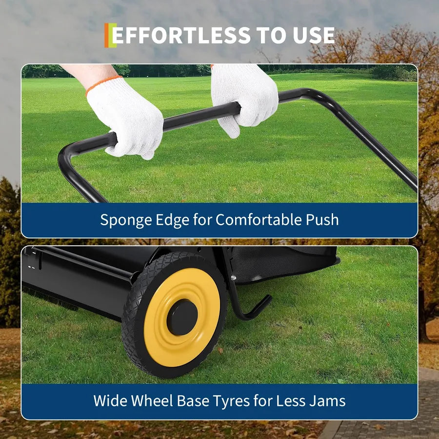 26-Inch Push Lawn Sweeper-Walk Behind for Leaves Collector and Grass Clippings