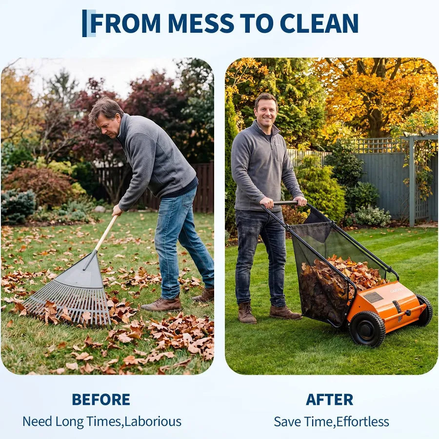 Push Lawn Sweeper with Hopper Bag and 4 Spinning Brushes