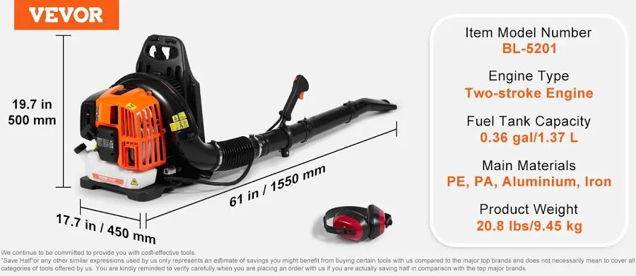 Backpack Leaf Blower 52CC 2-Cycle Gas Leaf Blower with 1.37L Fuel Tank
