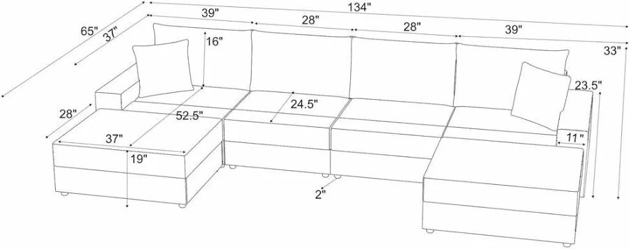 134" Cloud Sectional Couch U-Shaped Chaise With Ottoman,Modern Corduroy Deep-Seat Upholstered Modular Cloud Sofa With 2 Pillows For Living Room