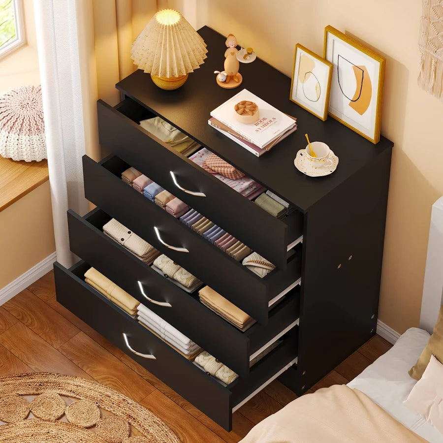 4 Drawer Dresser with LED Lights and Charging Station Wide Chest of 4 Drawers with Visible Top Drawer