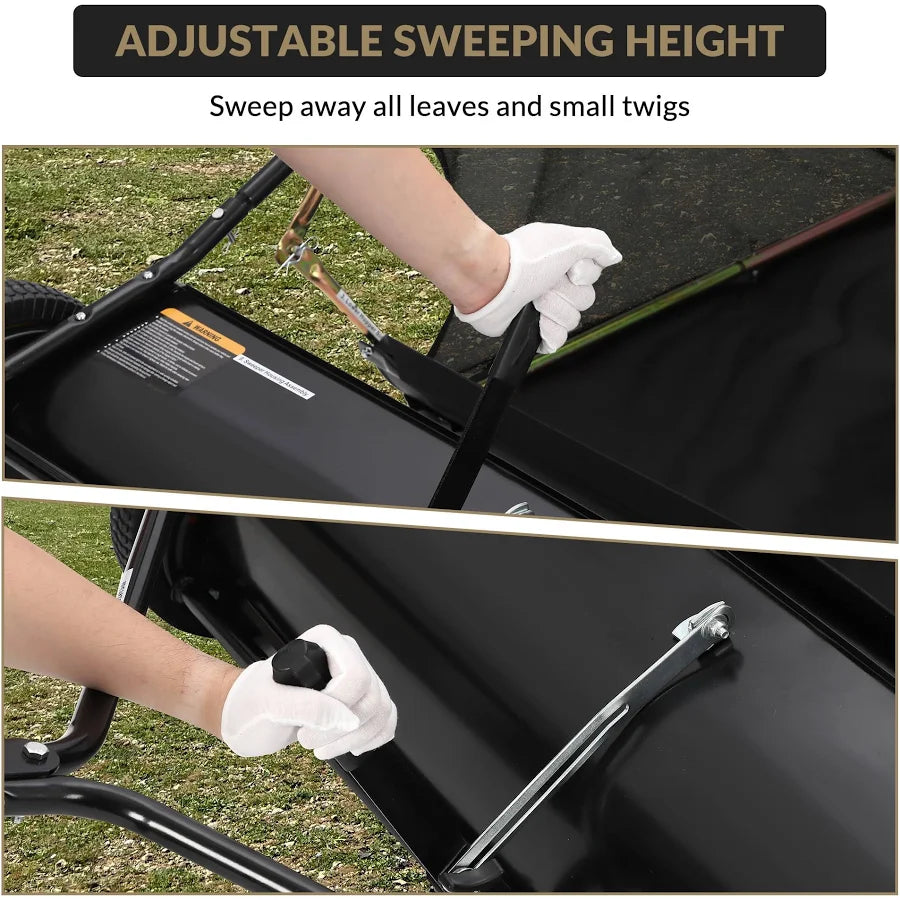 44-inch Outdoor Tow Behind Lawn Sweeper, Large Capacity Leaf & Grass Collector with Adjustable Sweeping Height and Dumping Rope Design for Picking Up