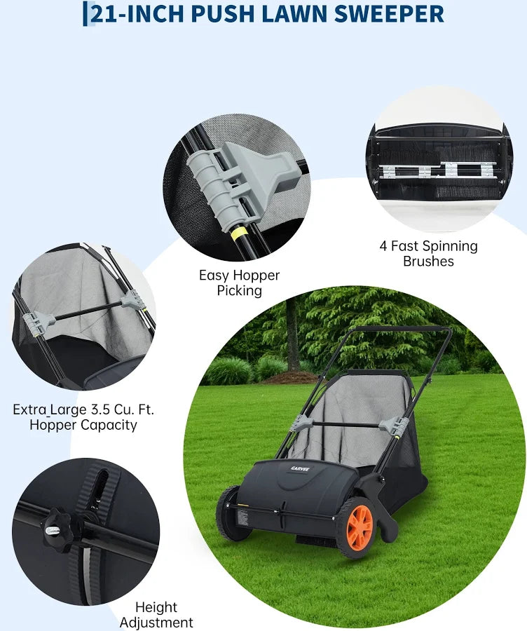 Push Lawn Sweeper, 21 inch Leaf & Grass Collector, Heavy Duty Thickened Steel Manual Leaf Sweeper with Large Capacity 3.5 cu. ft Mesh Collection