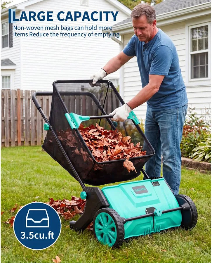 Manual Push Lawn Sweeper Leaf & Grass Collector 21 in Sweeping Width 3.5 cu ft Leaf Blower Bag