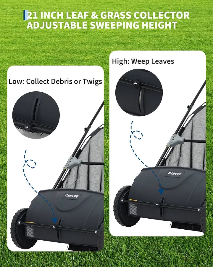 Push Lawn Sweeper, 21 inch Leaf & Grass Collector, Heavy Duty Thickened Steel Manual Leaf Sweeper with Large Capacity 3.5 cu. ft Mesh Collection