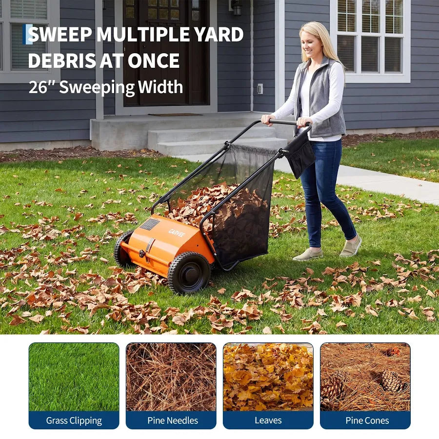 Push Lawn Sweeper with Hopper Bag and 4 Spinning Brushes